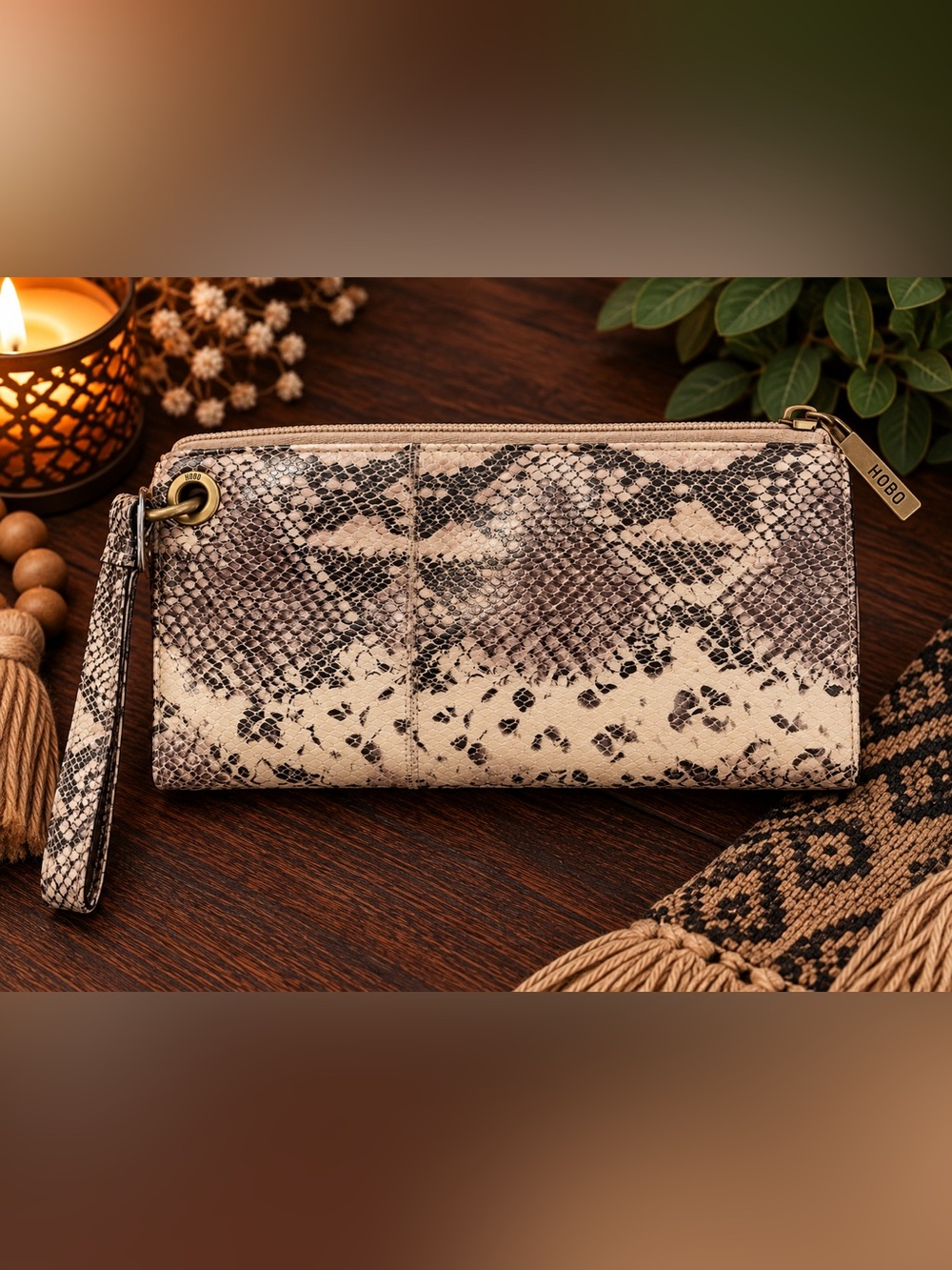 HOBO International Snakeskin Print Leather Zip Around Wristlet Wallet